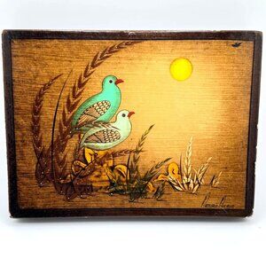 Vtg Mexican Folk Art Signed By Arturo Alcala On Wood 8"x 6" Featuring Birds Sun